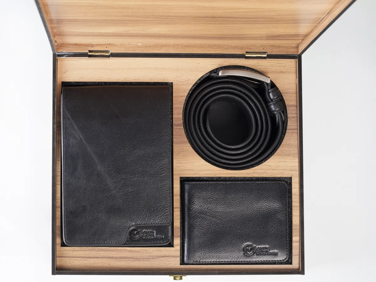 WOODEN COMBO BOX- WALLET, BELT & LADIES PURSE
